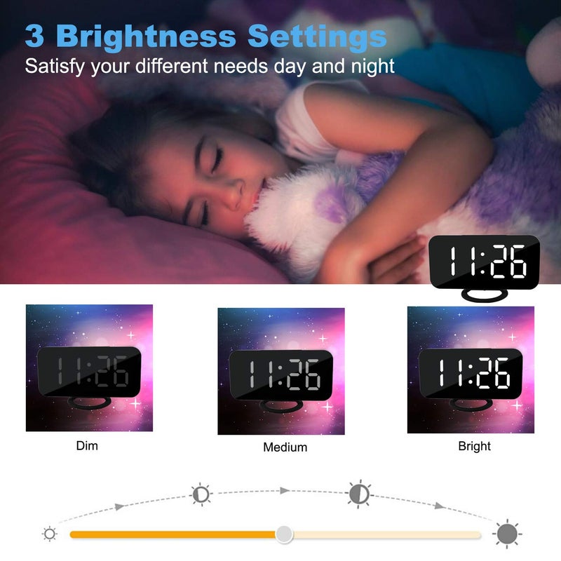 SZELAM Digital Clock Large Display, LED Alarm Electric Clocks Mirror Surface for Makeup with Diming Mode, 3 Levels Brightness, Dual USB Ports Modern Decoration for Home Bedroom Decor-Black - Image 3